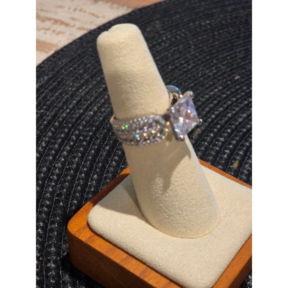 Princess Cut Clear Stone Statement Ring Silver Tone Pave Band Size 6